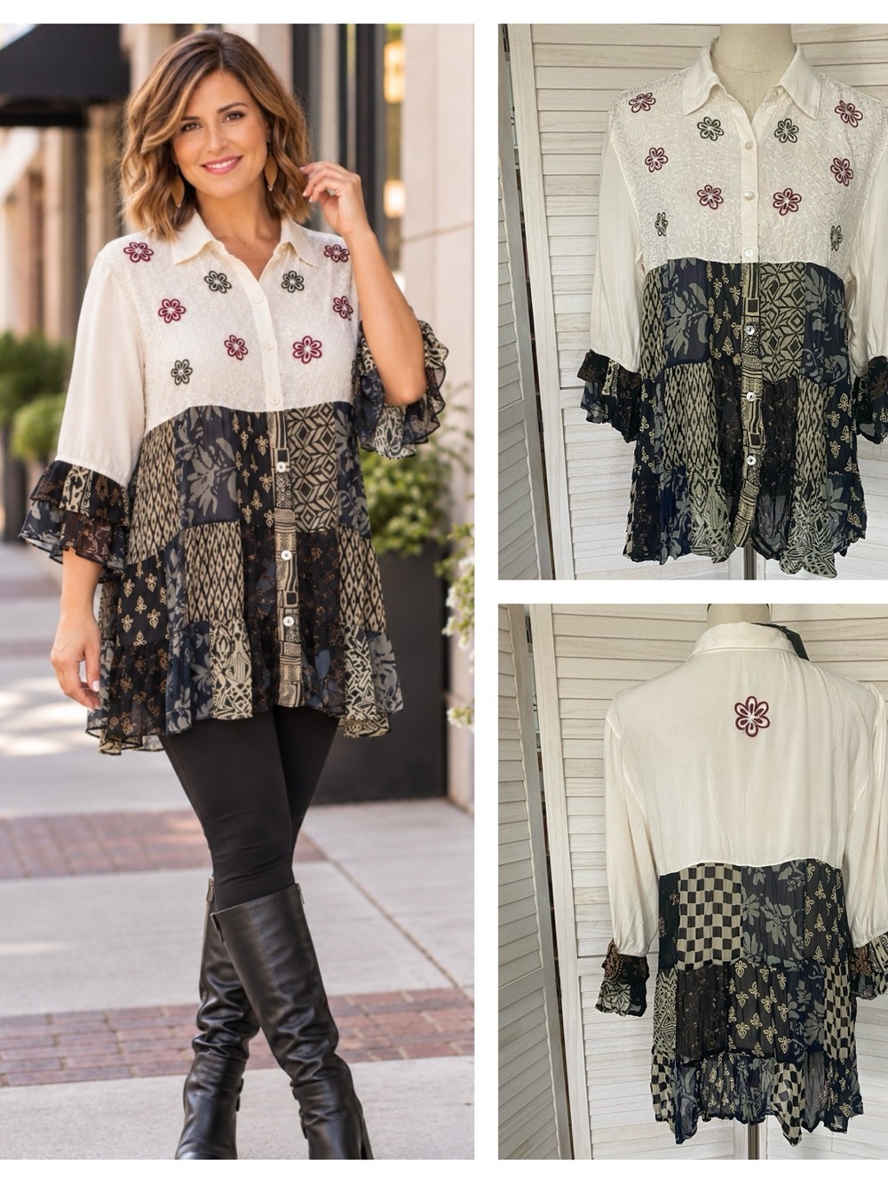 Young Threads Bohemian Embroidered Patchwork Button-Up Top SZ L NWT